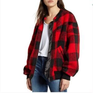 Rebecca Minkoff Brenda Red and Black Plaid Checkered Bomber Jacket Size S